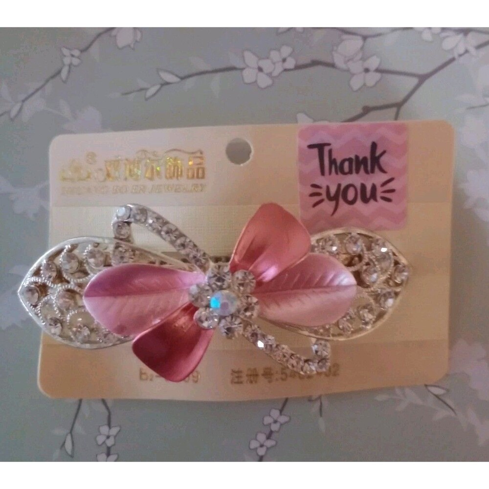 Large Ornate Hair Clip Rhinestones Pink Flower Elegant Barrette Bling Unique NWT